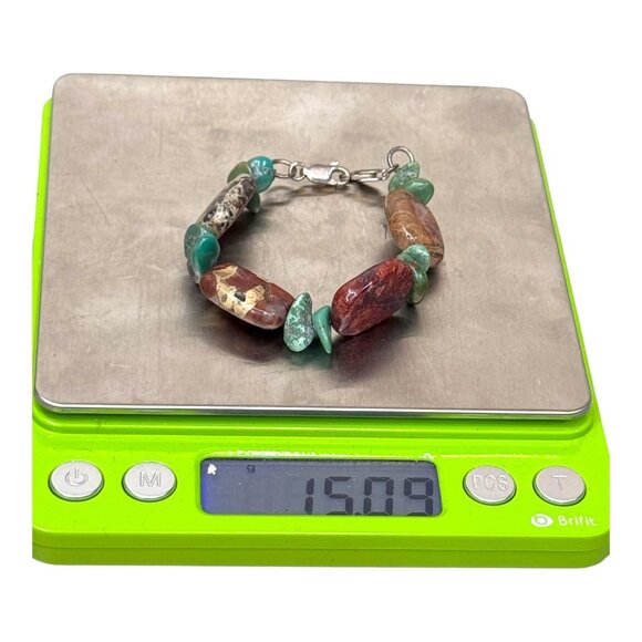 Vintage Chunky Artisan Natural Stone Turquoise Jasper Bracelet Sterling 5.5" - Picture 4 of 7